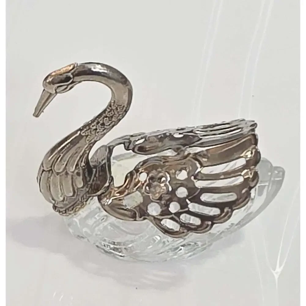 Vintage 1950s Glass Swan Salt Cellar, Silver Wings, Ring/Trinket DIsh